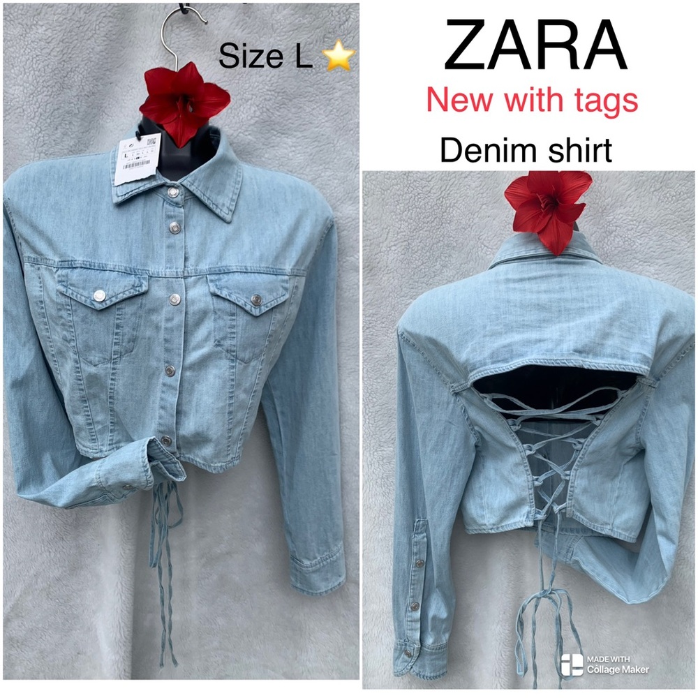 NWT ⭐️ ZARA Lace-Up Denim Shirt size LARGE UNIQUE